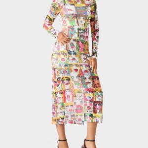 BETSEY'S PRINT SHEER DRESS MULTI Women's Long-Sleeved Mesh Sheer Midi Dress