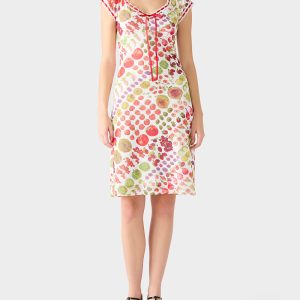 BETSEY'S FRUIT DRESS WHITE MULTI Women's Fruit Print Short-Sleeved Slip Dress