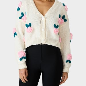 ROSETTE CARDIGAN CREAM Women's V-Neck Cardigan Floral Sweater