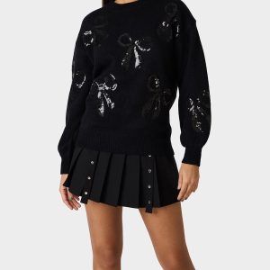 SEQUIN BOW SWEATER BLACK Women's Bow Print Black Cozy Sweater