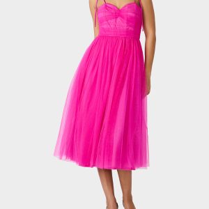 GLITTER TULLE MULTI MAGENTA Women's Corset Midi Tulle Dress