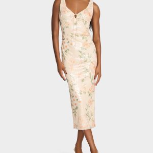 APRICOT HAZE DRESS BLURRY FLORAL Women's Midi Sequin Floral Dress
