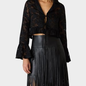 OPHELIA NOIR BLOUSE BLACK Women's Tie Front Long Sleeve Mesh Crop Top