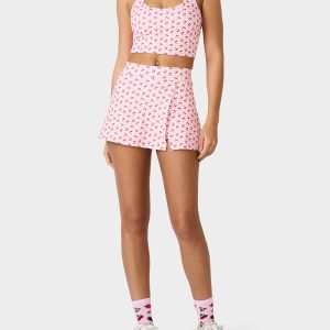 CHERRY GINGHAM SIDE SLIT SKORT PINK MULTI Women's Pink Cherry Gingham Activewear Skort