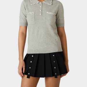 POLISHED IN PEARLS POLO HEATHER GREY Women's Grey Pearl Embellished Short Sleeve Polo Shirt