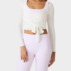 LONG SLEEVE V NECK WRAP TOP WHITE Women's White Activewear Wrap Long Sleeve Top