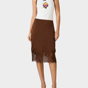 LACE SLIP SKIRT BROWN Women's Brown Midi Slip Skirt with Lace Trim