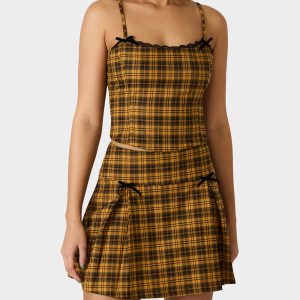 RAD PLAID TOP YELLOW PLAID Women's Yellow Plaid Cami with Lace and Bow Details