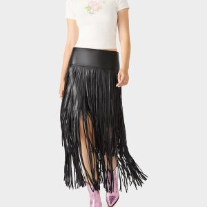 MIDNIGHT RODEO SKIRT BLACK Women's Fringe Maxi Skirt