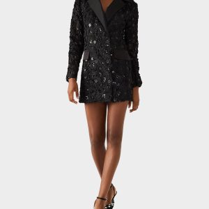 ROSETTE BLAZER DRESS BLACK Women's Black Blazer Dress with Rose Sequin Details