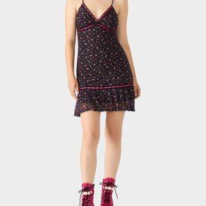 ROSEBUD SLIP DRESS BLACK Women's Floral Print Mini Slip Dress