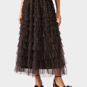 RUFFLED MAXI SKIRT LEOAPRD Women's Tiered Tulle Leopard Maxi Skirt