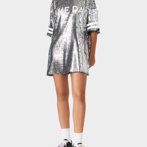 GAME DAY JERSEY SEQUIN DRESS SILVER Women's Sequin Short-Sleeved Dress