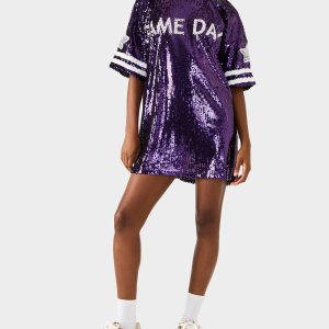 GAME DAY JERSEY SEQUIN DRESS PURPLE Women's Sequin Short-Sleeved Dress