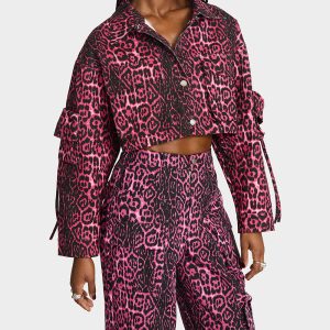 YUKI CROPPED JACKET PINK Women's Cargo Leopard Long-Sleeved Denim Jacket