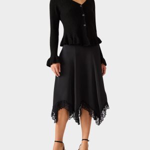 LACE SLIP MIDI SKIRT BLACK Women's Black Lace Midi Skirt