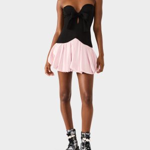 BETSEY'S BOW DRESS BLACK MULTI Women's Strapless Black and Pink Mini Dress
