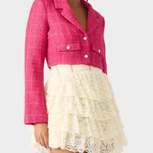 TWEED CROPPED BLAZER HOT PINK Women"s Long-Sleeved Cropped Button-Up Jacket