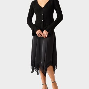 BELLE CARDIGAN BLACK Women's Black V-Neck Button Down Cardigan Sweater