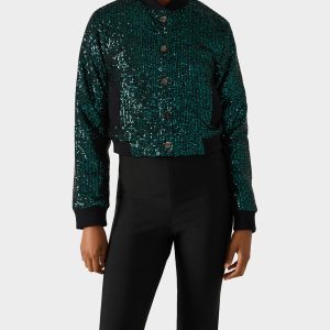 GLITTERATI BOMBER JACKET EMERALD GREEN Women's Green Sequin Bomber Jacket