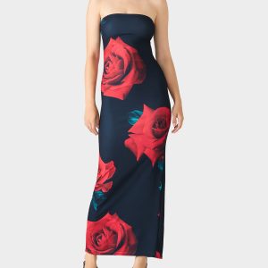 ROSE REVERIE DRESS RED Women's Floral print Maxi Strapless Dress