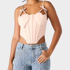 HEART BUSTIER BLUSH Women's Bustier Cropped Corset Bow Top