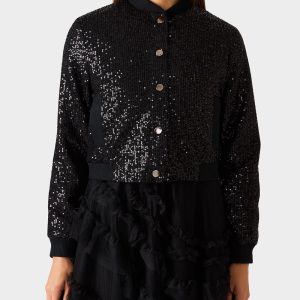 GLITTERATI BOMBER JACKET BLACK SEQUIN Women's Black Sequin Bomber Jacket