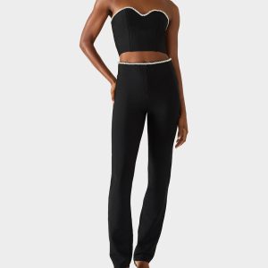 JEWELED SET BLACK Women's Black Crop Top and Pant Rhinestone Set