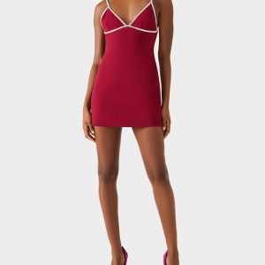 CRYSTAL SLIP DRESS WINE Women's Burgundy Wine Mini Dress with Rhinestone Details