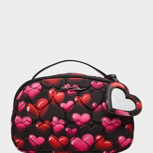 LOAF COSMETIC CASE WITH MIRROR BLACK/MULTI Women's Heart Print Travel Cosmetic Case