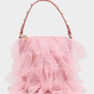 TUTU PRETTY PINK Women's Studded Shoulder Strap Tulle Crossbody Handbag