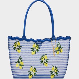 MESHIN AROUND TOTE BLUE/STRIPE Lemon Embroidered Mesh Women's Tote Handbag