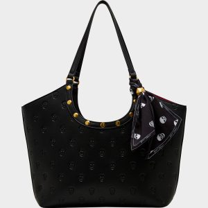 GET AHEAD TOTE BLACK Black Skull Print Tote Bag With Scarf