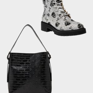 THE GOTH GIRL HOLIDAY BUNDLE Women's Rhinestone Skull Combat Boots and Black Bucket Handbag