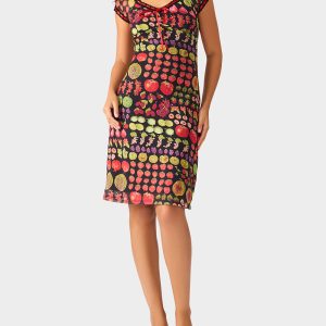 BETSEY'S FRUIT DRESS BLACK MULTI Women's Fruit Print Short-Sleeved Slip Dress