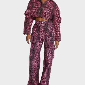 WILD IN PINK BUNDLE Women's Pink Leopard Cropped Jacket and Cargo Pant Set