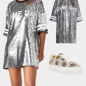 THE SPORTS FAN HOLIDAY BUNDLE Women's Game Day Sequin Jersey Dress and Sidny Football Rhinestone Sneaker