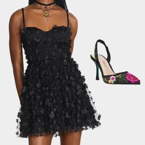 THE FLOWER CHILD HOLIDAY BUNDLE Women's Mini 3D Flower Dress Black and Floral Heel