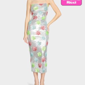 SASSY SEQUIN DRESS SILVER MULTI Embellished Sequin Flower Maxi Dress
