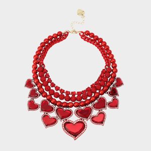 LOVE SPELL BIB NECKLACE RED Women's Valentines' Day Layered Heart Bib Necklace
