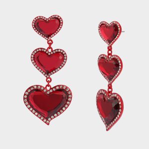 LOVE SPELL DROP EARRINGS RED Women's Valentine's Day Heart Rhinestone Drop Linear Earrings