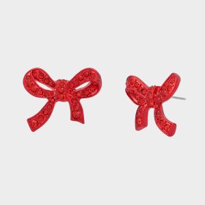 BOW STUD EARRINGS RED Women's Rhinestone Bow Stud Valentine's Day Earrings