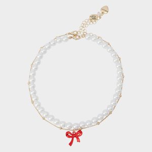 PEARL BOW NECLAKCE SET RED Women's Pearl Bow Valentine's Day Necklace Set