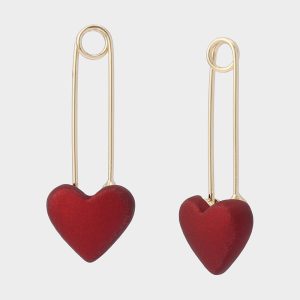 HEART SAFETY PIN DROP EARRINGS RED Women's Valentine's Day Heart Pin Drop Earrings
