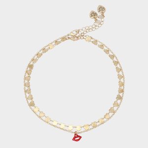 LIPS NECKLACE SET RED Women's Gold Heart Chain Lip Valentine's Day Necklace Set