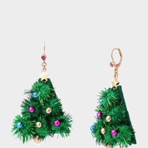 PLUSH TREE DROP EARRINGS FIR GREEN Women's Christmas-Themed Tree Drop Earrings