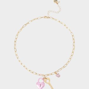 HEART LOCK SHORT PENDANT NECKLACE PINK Women's Valentine's Day Heart Pendant Necklace
