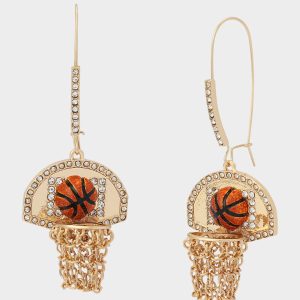 BASKETBALL HOOP SHEPPARD HOOK EARRINGS ORANGE Rhinestone Women's Drop Earrings
