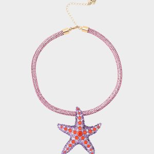 MERMAID JEWELS STARFISH PENDANT PURPLE Women's Starfish Rhinestone Rope Necklace