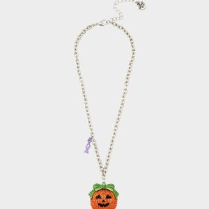 PUMPKIN PENDANT NECKLACE ORANGE Women's Halloween-Themed Pumpkin Rhinestone Pendant Necklace